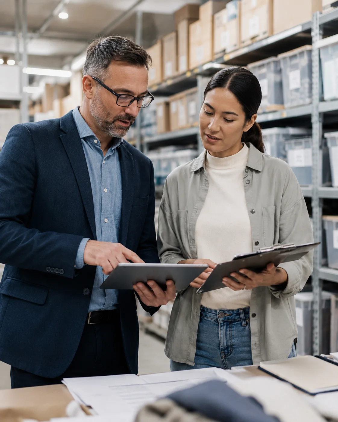 Aurum Distribution Group consultant reviewing inventory and sourcing requirements with a business client